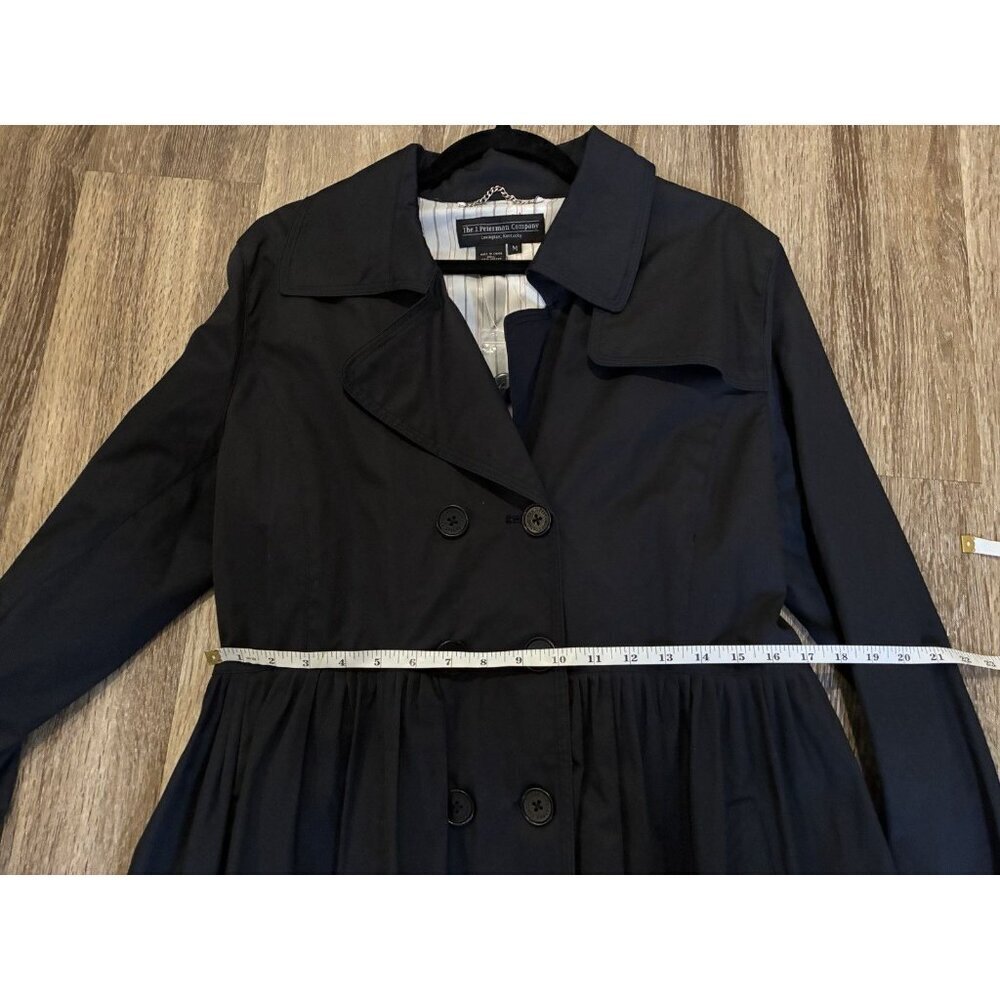 J Peterman NWOT Double Breasted Peplum Long Trench Coat Belted Black Medium - Picture 5 of 6